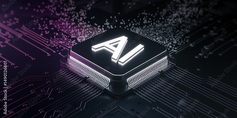 Poster ai symbol glowing on a dark circuit board, showcasing advanced technology and artificial intelligenc