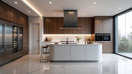 smart kitchen, AI appliances, minimalist kitchen, futuristic design, modern kitchen, high-end materials, smart home, smart fridge, smart oven, kitchen technology, contemporary design, home interior
