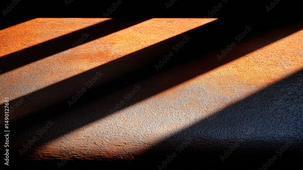 Poster sunbeam caught through window grille casting linear shadows on textured surface