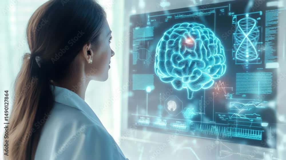 Poster scientific insight: a focused scientist in a pristine laboratory setting, deep in thought as they st