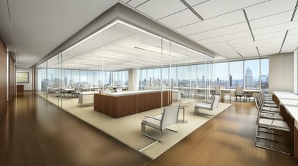 Naklejka premium Modern office interior, city view, workspace, collaboration