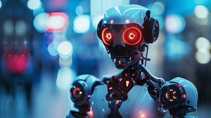 Futuristic Android Robot in Neon Cityscape A Study in Cybernetics Artificial Intelligence and Advanced Robotics Technology in Urban Environment