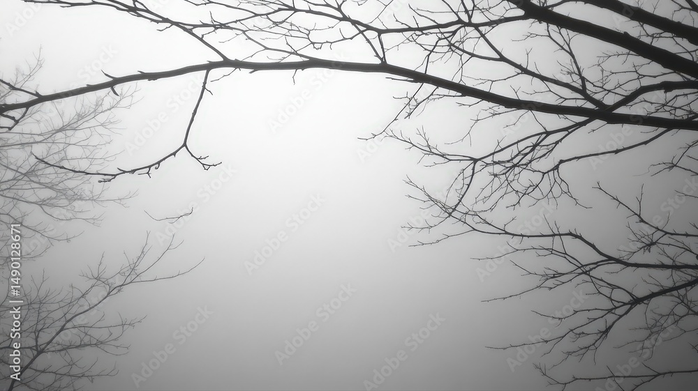 Aufkleber sunbeams filtering through leafless branches in moody morning fog creating a serene atmosphere