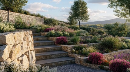 Hillside garden steps, flowers, sunset, Tuscany landscape, landscaping design