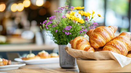 Cozy cafe setting with fresh croissants and vibrant flower arrangement, creating warm and inviting atmosphere for guests