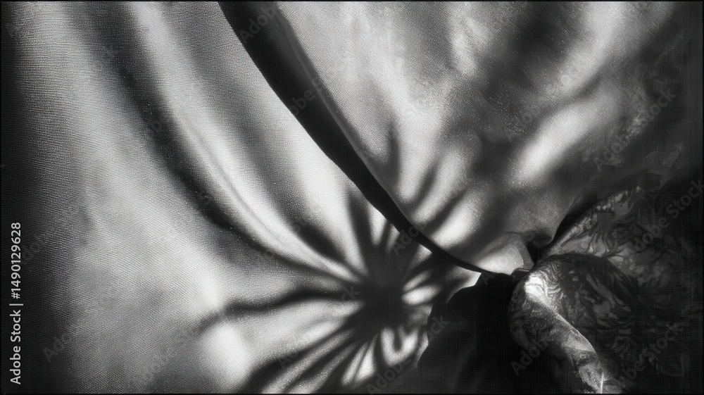 Poster sunlight creating ripples of shadow on wrinkled fabric in a monochromatic artistic composition