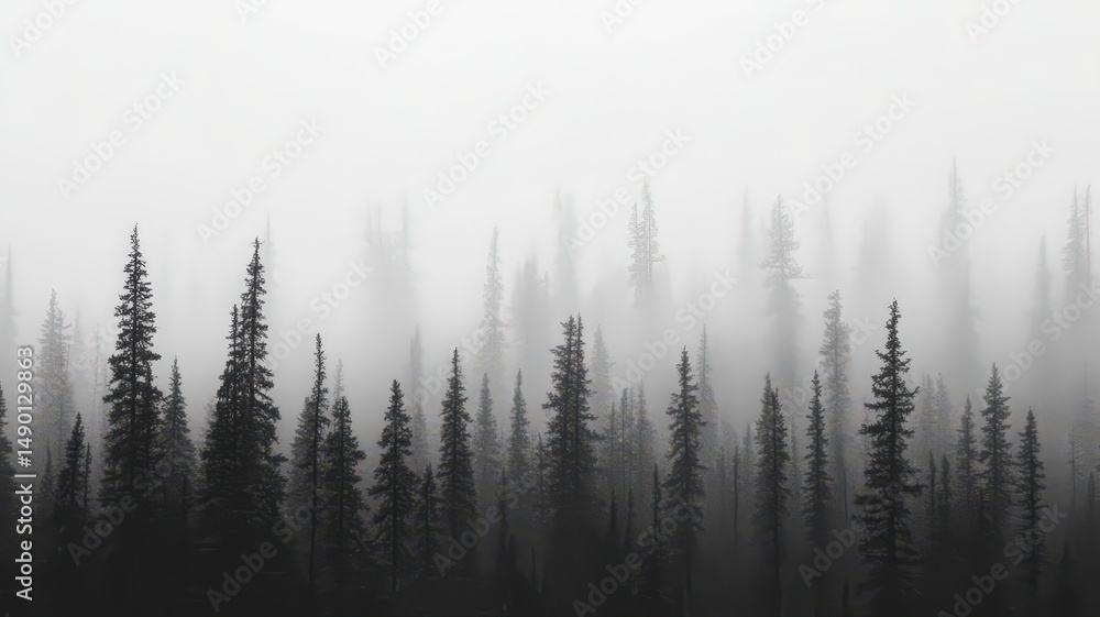 Poster sunlight cutting through layers of trees and fog in a mysterious forest landscape