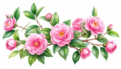 Fototapeta premium Delicate Pink Camellia Branch: A Watercolor Botanical Illustration