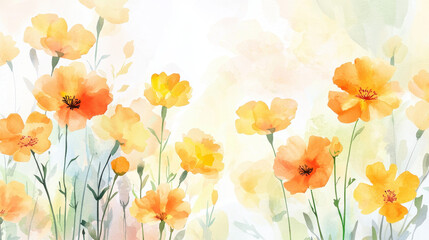 Delicate watercolor flowers in vibrant orange and yellow hues create serene and cheerful atmosphere, perfect for brightening any space