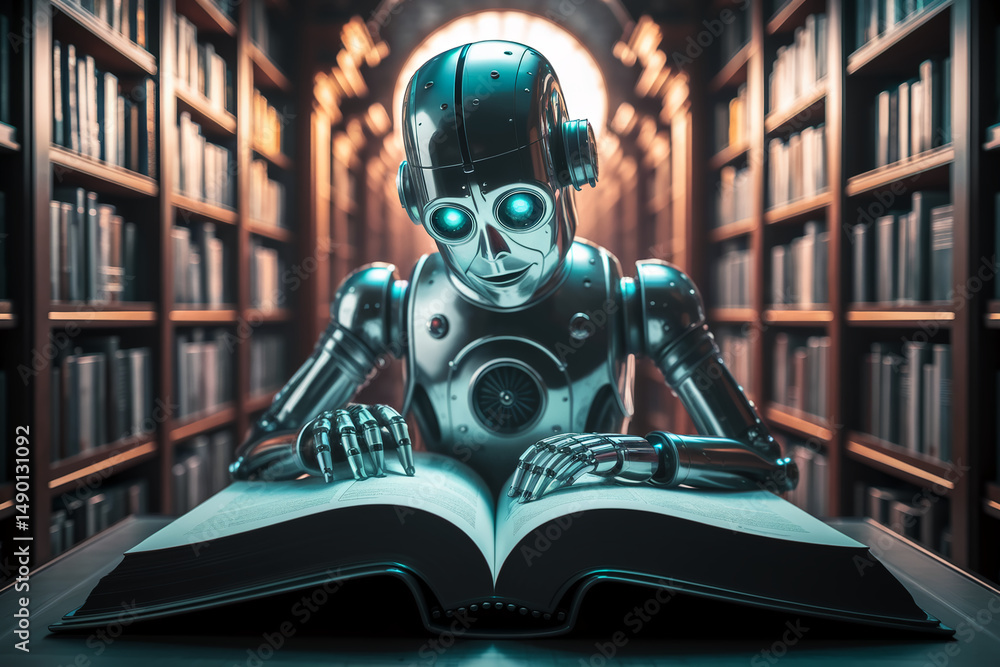 Poster metallic robot reading large book in library setting, showcasing artificial intelligence and knowled
