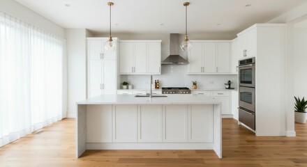 Bright, modern kitchen with white cabinets and a large island
