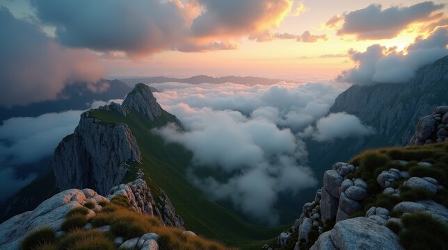 Cloudy mountain landscape of Sierra de Aracena y Picos de Aroche at dawn, seen from an aerial view.