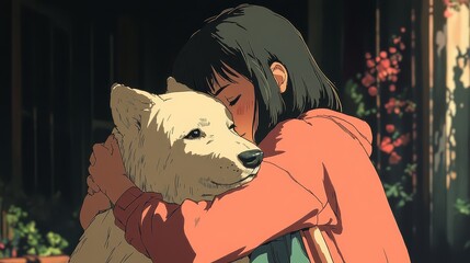 Woman embraces white dog anime style