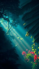 Obraz premium Sunlight Through Tropical Canopy | Beams of sunlight pierce through a dense tropical forest canopy, illuminating vibrant pink flowers. Dark foliage creates a serene, mystical atmosphere.