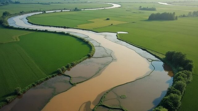 Aerial view look down water flood paddy