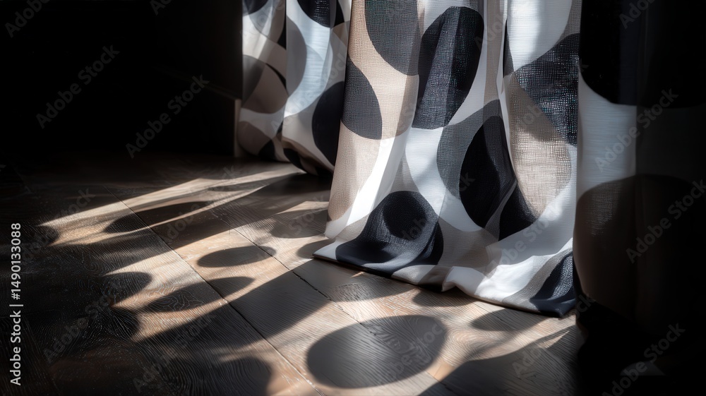 Poster sunlight streaming through patterned curtain creating abstract shapes on floor