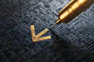 Golden arrow etched onto detailed circuit background.