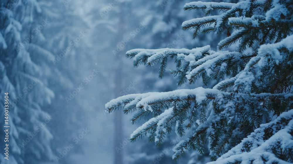 Poster a snow covered pine tree with snow on its branches. the snow is falling and the tree is bare