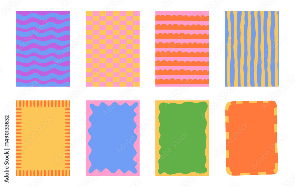 Fototapete Vector simple minimal backgrounds  in brigh bold colors, simple wavy and groovy naive style, abstract simple hand drawn design templates, frames and borders for cards and prints