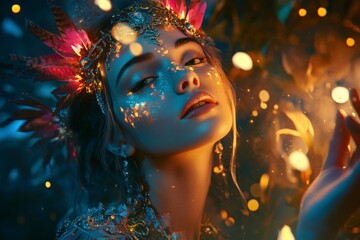 Enchanted woman with glowing adornments in a mystical forest.