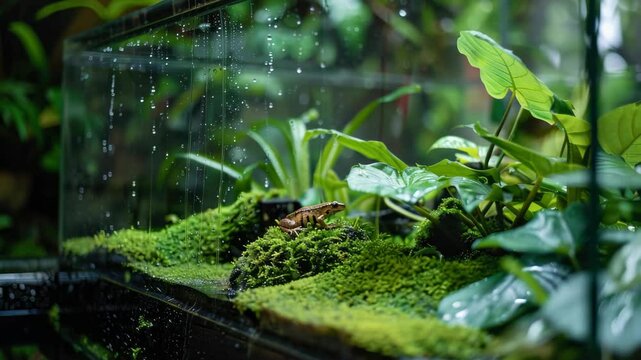 A frog is sitting on a mossy rock in a glass terrarium. The terrarium is filled with lush green plants and has a rain shower effect