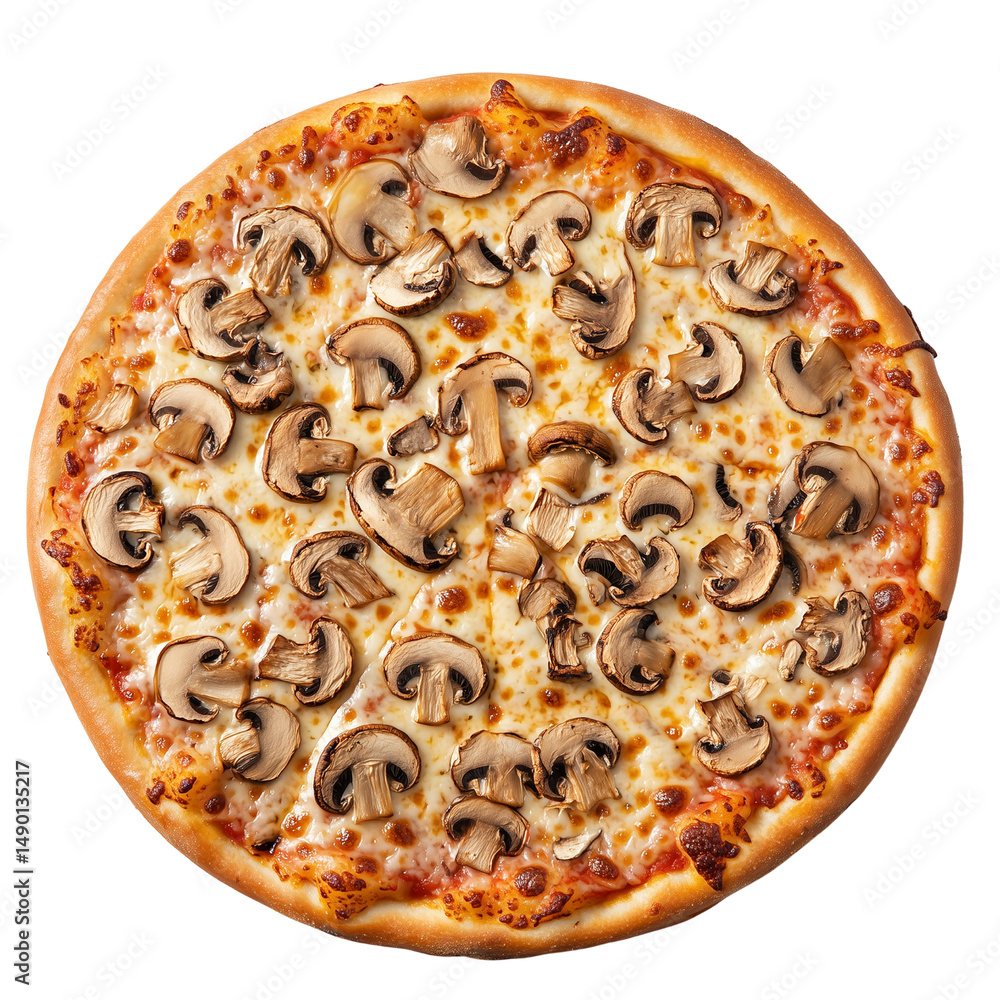 Poster mushroom-topped pizza with a golden crust and melted cheese, showcasing numerous mushrooms evenly di