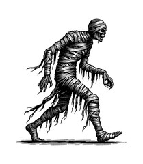 Obraz premium Illustration of a Scary Mummy Walking, Wrapped in Bandages, in Black and White