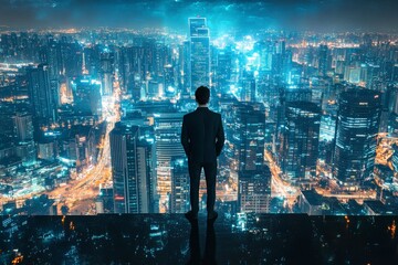 Man in suit gazes over illuminated cityscape at night.