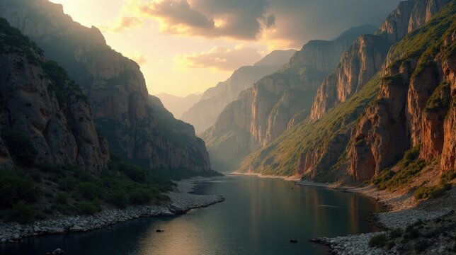Chera Gorge (canyon) under soft dawn clouds, viewed in an expansive panoramic perspective.