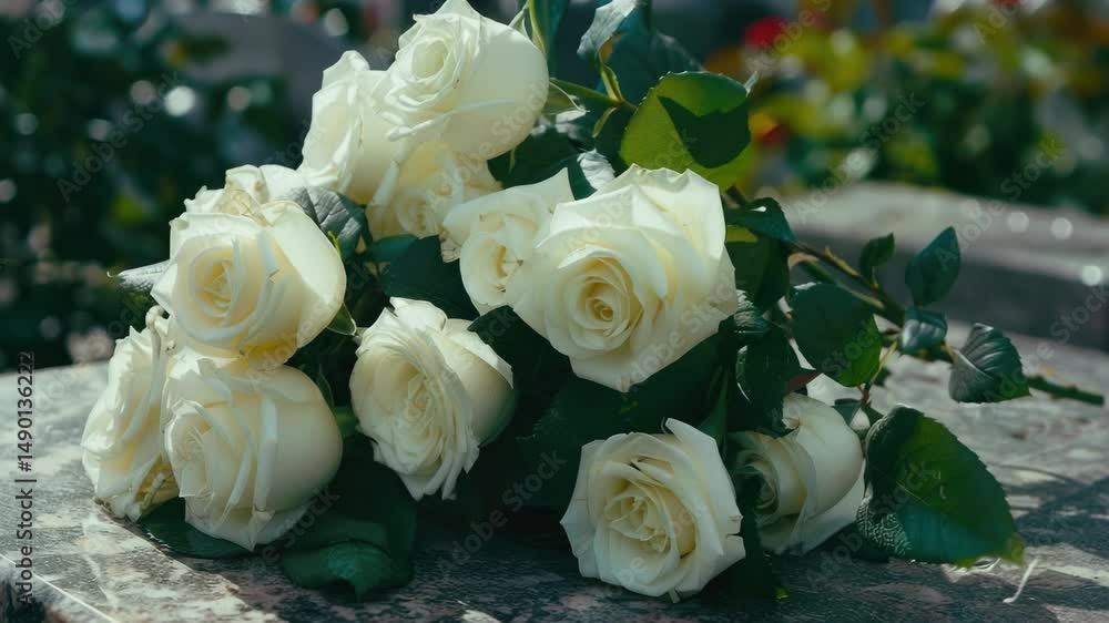 Aufkleber a bouquet of white roses is sitting on a table. the roses are arranged in a way that they are all fa