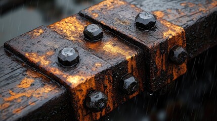 Rusty metal support beams in rain