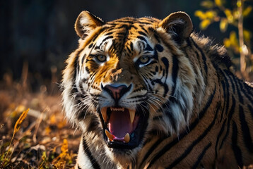 Fototapeta premium Wrathful Gaze of a Tiger: Close-Up on an Enraged Feline Face Displaying Wild Fury and Instinct.