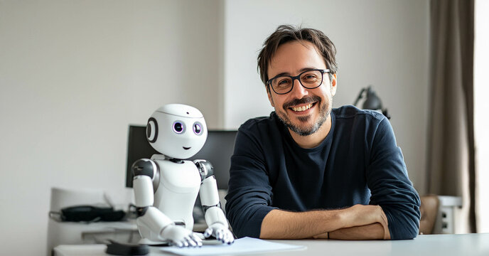 Happy Office Worker Collaborating with Robot Assistant on Tasks. Generated image