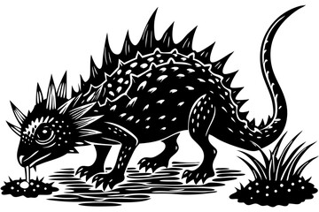 Black and white silhouette design of a thorny devil lizard animal, thorny devil, lizard, reptile, animal, silhouette, vector, black, white, design, illustration, graphic, art, desert, wildlife, nature
