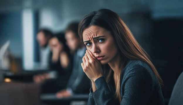 Sick businesswoman coughing at a seminar while colleagues fear the coronavirus and hide.. Generated image