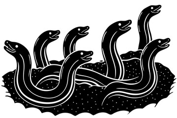 Fototapeta premium Silhouette illustration of a garden eel colony in the ocean, garden eel, eel, colony, silhouette, vector, illustration, underwater, sea, ocean, marine life, animal, black and white, design, graphic, a