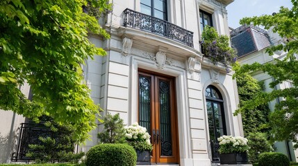 Obraz premium Grand mansion entrance with ornate doorway, framed by lush greenery; timeless elegance of luxury estate architecture.