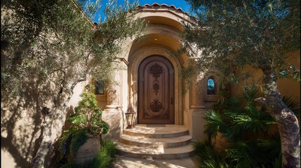 Fototapeta premium Grand mansion entrance with ornate doorway, framed by lush greenery; timeless elegance of luxury estate architecture.