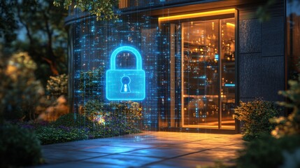 Digital security concept showcasing a glowing lock symbol at the entrance of a modern building