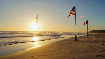 A beach with a flagpole and a flag on it. The beach is empty - Powered by Adobe
