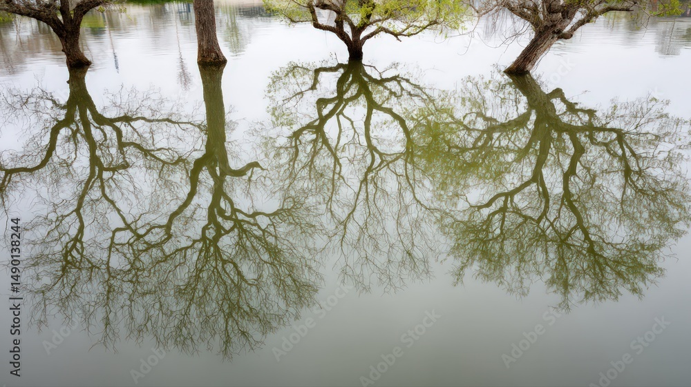 Aufkleber surreal reflection of tree branches on the surface of still water creating a tranquil atmosphere