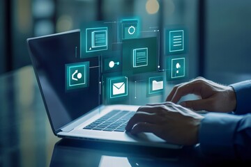 Person using laptop with digital icons overlay.