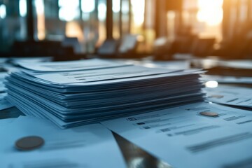 A stack of documents in a well-lit office setting.