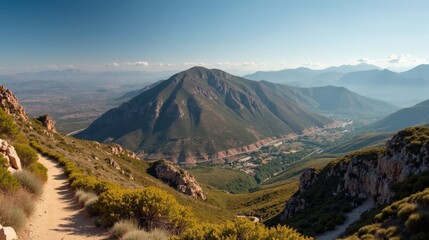 Fototapeta premium Detailed photo of Sierra de Lujar, Spain, captured from a panoramic view during midday with sunny weather, showcasing the mountainous terrain and clear skies.