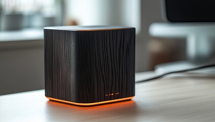 Dark wood cube speaker with orange glow