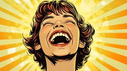 Woman laughing joyfully retro illustration