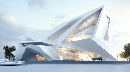Architectural marvel: A stunning modern architectural design, it's a building of geometric forms and a striking visual impact.  The futuristic lines creates a sense of innovation. 