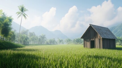 Obraz premium Wooden hut in misty rice paddy, mountains background; serene landscape