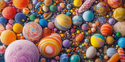 Multicolored Candy Planets and Sprinkles on Dark Background