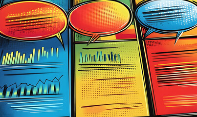 Abstract, vibrant comic-style data charts and speech bubbles in primary colors arranged vertically